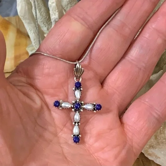 Lapis & Freshwater Pearl Sterling Silver Cross Pendant